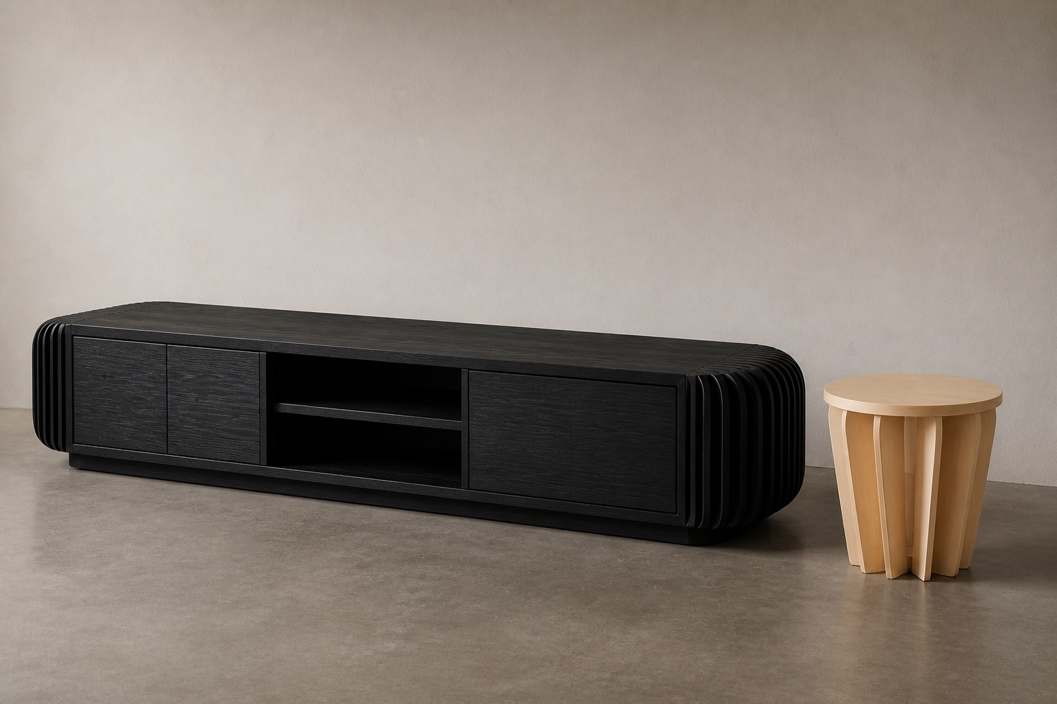 Ebonized ash console and exposed birch plywood material study