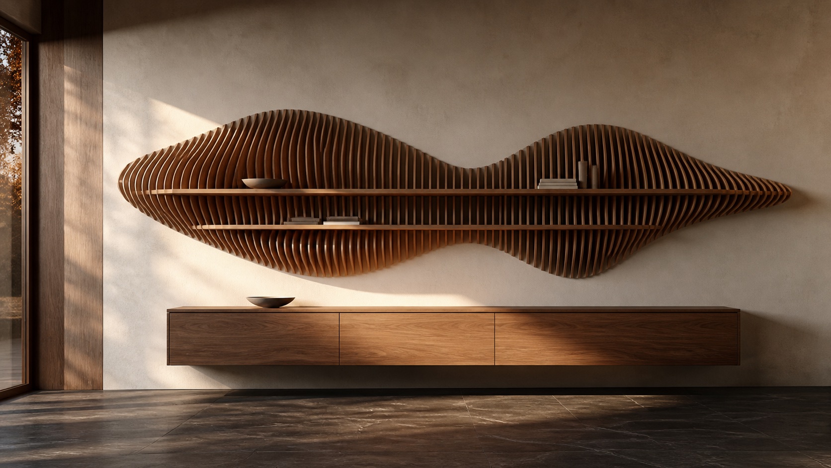 Walnut wall shelving concept built from repeated sectional profiles