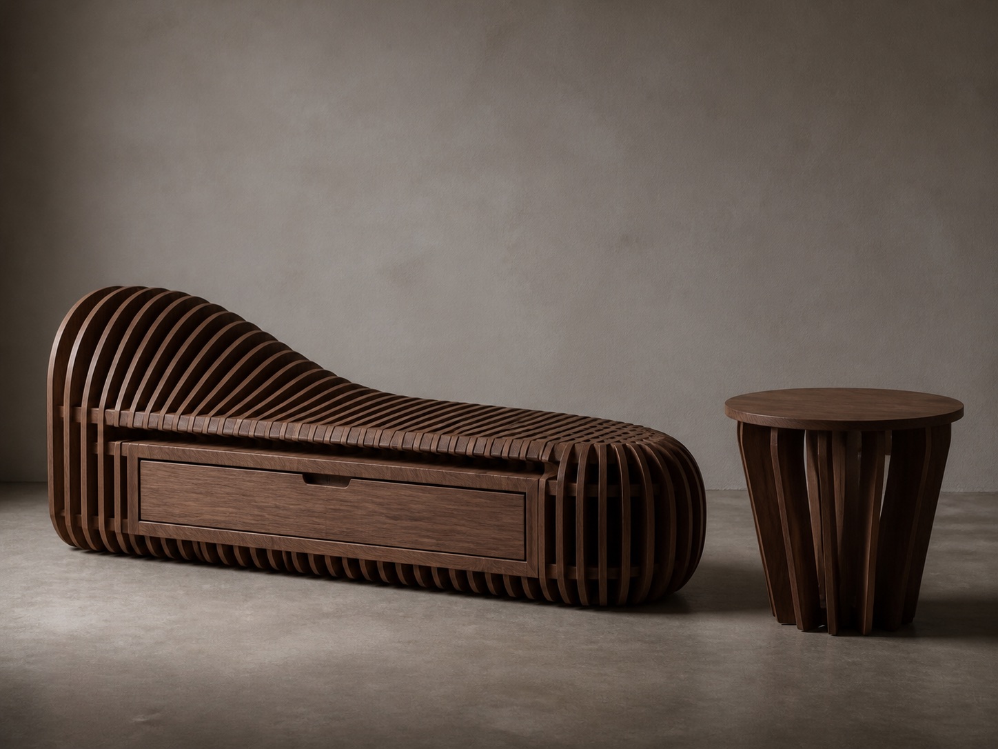 Section-built walnut bench and table object